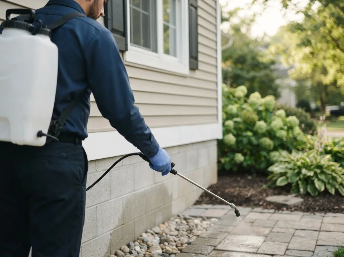 Pest control technician inspecting a home in Castleton, IL